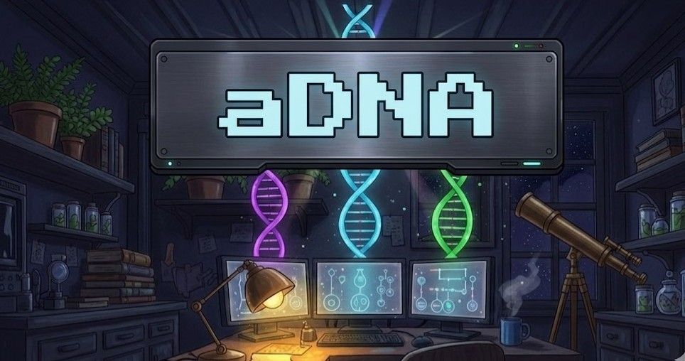 aDNA — three glowing DNA helices representing the who/what/how triad, rising from a workspace of monitors and instruments