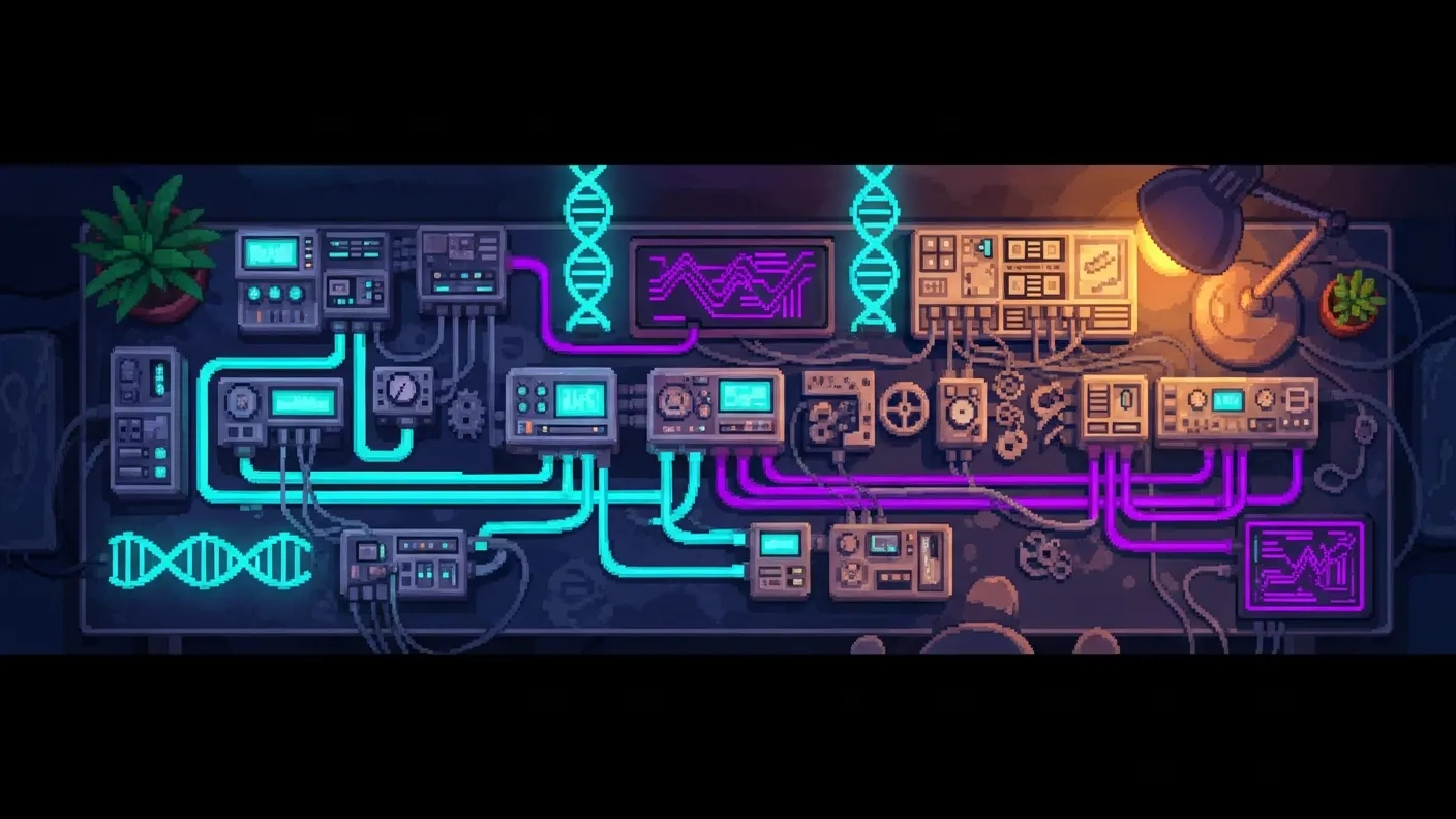 Bird's-eye pixel-art desk with glowing module-boxes wired into a left-to-right pipeline of light — aDNA operations