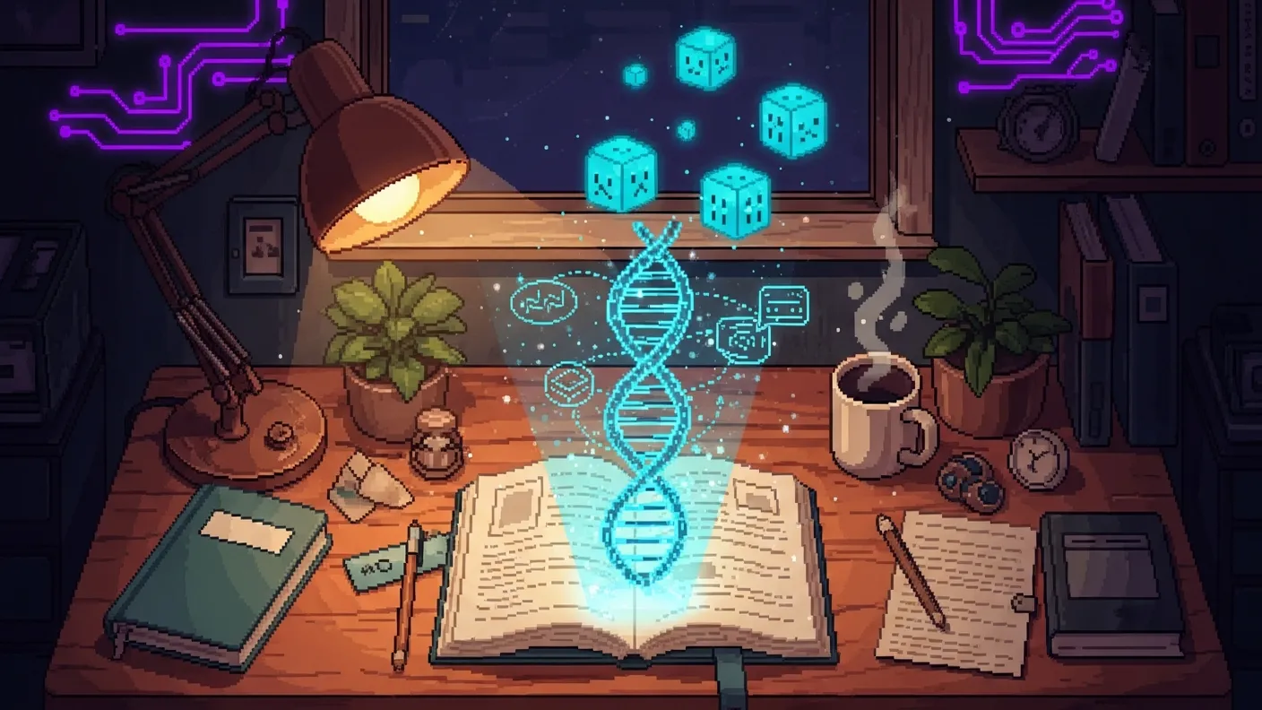 Cozy pixel-art study desk with books, a notebook, and a glowing DNA helix rising from the page — learning aDNA